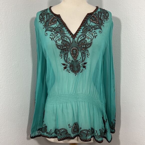 Cache Blouse Womens S Green Silk Sheer Embroidered Boho Peasant Top‎ - Picture 1 of 10